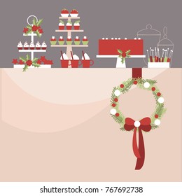 Christmas Dessert table.  Sweet table. Candy Buffet.  Vector illustration. 