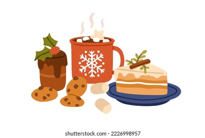 Christmas desserts, cocoa with marshmallow, cookies, cake piece. Festive hot drink in cup, holiday biscuits, pastry, served winter sweet food. Flat vector illustration isolated on white background