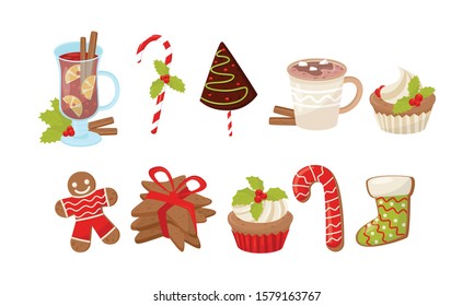 Christmas Desserts Set, Gingerbread Cookies, Candy Canes, Cocoa with Marshmallows, Mulled Wine, New Year Holiday Decorative Elements Vector Illustration