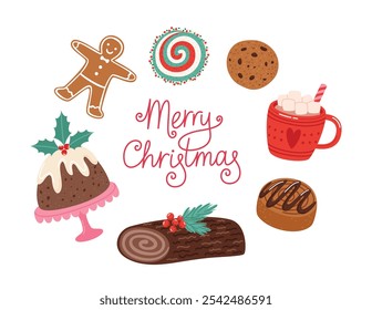 Christmas desserts set. Merry Christmas postcard template. Traditional holiday food. Vector illustrations isolated on white background