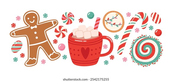 Conjunto de postres de Navidades. Cacao caliente tradicional de las vacaciones, dulces y panadería. Colección de Ilustraciones vectoriales de alimentos aisladas sobre fondo blanco