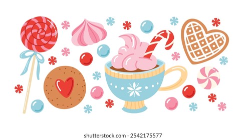 Conjunto de postres de Navidades. Chocolate caliente tradicional de las vacaciones, dulces y panadería. Colección de Ilustraciones vectoriales de alimentos aisladas sobre fondo blanco