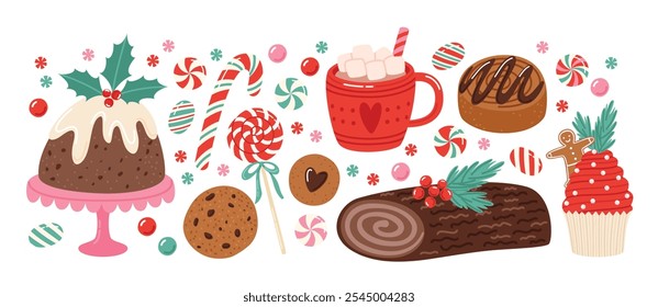 Conjunto de postres de Navidades. Comida tradicional de temporada de vacaciones de invierno. Ilustraciones vectoriales colección aislada sobre fondo blanco