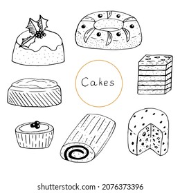 Christmas desserts set vector illustration, hand drawing sketch