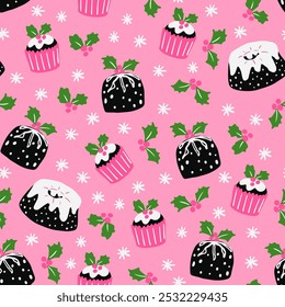 Christmas desserts, sweet food seamless pattern. Cute cakes and cupcakes with mistletoe leaves, berries and snowflakes repeat pattern. Print for paper, fabric design.