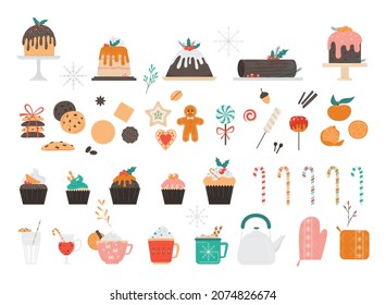 Christmas desserts or sweets set. Cakes and muffin for celebration. Delicious bakery. Collection of festive candy, chocolate chip cookies, gingerbread and traditional pudding. Flat vector illustration