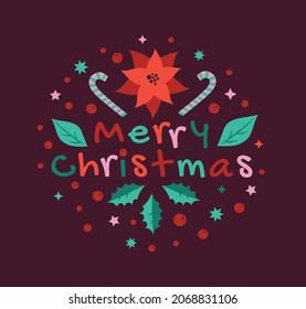 Christmas details in a modern flat art style in a shape of a circle. Merry Christmas text on a purple background. Festive vector illustration. Poinsettia flower, stars, berries and green leaves.