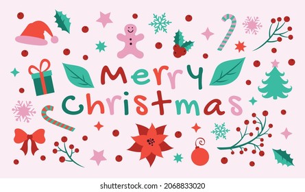 Christmas details set in a modern flat art style. Merry Christmas text on a purple background. Festive vector illustration. Poinsettia flower, stars, cookie, berries, candies, a gift and green leaves.
