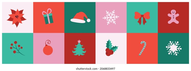 Christmas details set in a modern flat art style. Festive vector illustration. Poinsettia flower, stars, cookie, berries, candies, a gift and green leaves.