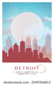 Christmas Detroit retro poster for winter  festives, New Year in USA. Greetings, happy holidays and merry xmas from Michigan, United States of America vector postcard layout