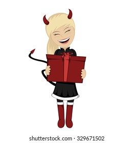 Christmas Devil girl with surprise - Lovely little blonde girl with a gift box in devil costume