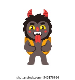 Christmas devil Krampus, Santa's companion in Austria. With traditional backpack basket, grimacing and sticking out tongue. Cute cartoon vector illustration.