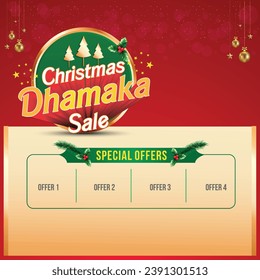 Christmas Dhamaka Sale Ad Template Vector Layered. Retail, Promo, Marketing, Advertisement, ad mockup, Offer, Discounts.