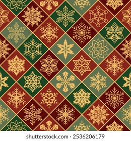 Christmas diagonal checkered pattern of red and green squares with snowflakes, seamless vector image