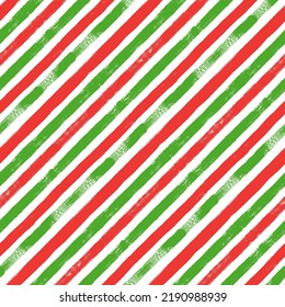 Christmas diagonal stripes pattern, seamless brush texture lines background, red and green geometric parallel strokes, gift paper vector