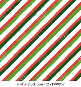 Christmas diagonal stripes pattern, seamless brush texture lines background, red and green geometric parallel strokes, gift paper vector