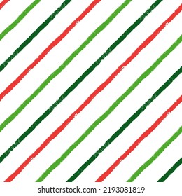 Christmas diagonal stripes pattern, seamless brush texture lines background, red and green geometric parallel strokes, gift paper vector