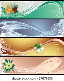 Christmas different banners with pine cones, baubles, bells and poinsettia.