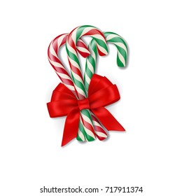 Christmas different candy canes with red bow. Vector Christmas or New Year design element.
