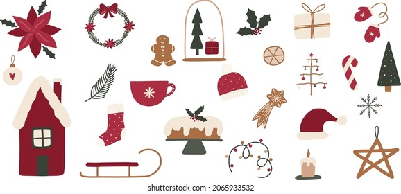 Christmas different elements with Christmas ball, cup of tea, hat, mittens, cupcake, poinsettia, candy, sled, garland, house, fir tree and snowflakes. Vector graphics.
