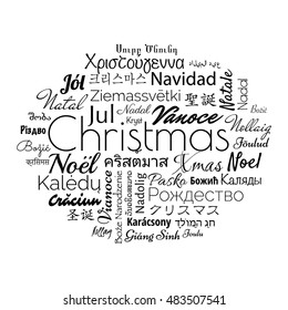 Christmas in different foreign languages of the whole world. Black vector illustration for winter holidays.