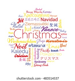 Christmas in different foreign languages of the whole world. Vector illustration for winter holidays.