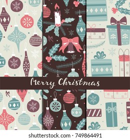 Christmas Different Seamless Patterns. Xmas Hand Drawn elements.