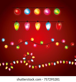 christmas differents garland lights luminous decoration red background