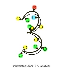 Christmas digit 3 from garland isolated on white. Colored light bulbs on wires. Handwritten font for text or logo. Vector EPS 10.