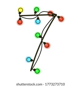 Christmas digit 7 from garland isolated on white. Colored light bulbs on wires. Handwritten font for text or logo. Vector EPS 10.
