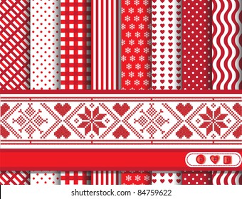 Christmas digital scrapbooking ribbon swatches in red and white with Scandinavian style embroidered cross stitch ribbon. EPS10 vector format.