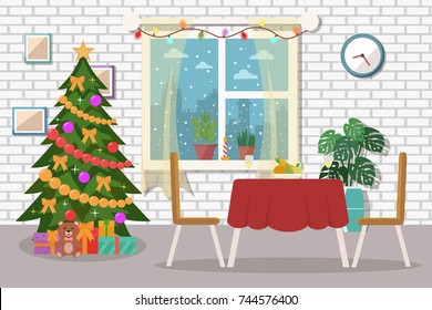 Christmas dining room interior. Flat design.