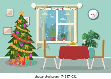 Christmas Dining Room Interior. Flat Design.