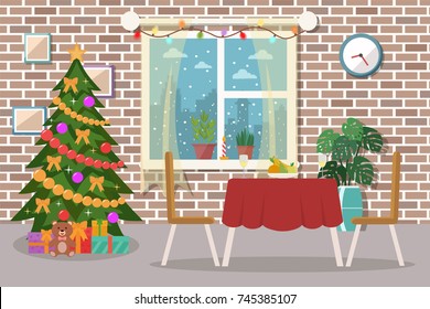 Christmas dining room interior. Flat design.
