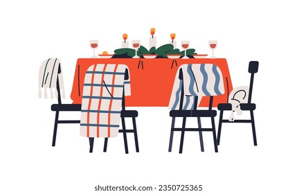 Christmas dining table for festive dinner, holiday meal. Xmas and New Year decorations, candles, decor, tableware served for party celebration. Flat vector illustration isolated on white background