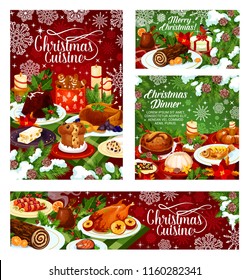 Christmas dinner banner of festive table with Xmas food. Baked turkey and fish, cookie, fruit pudding and cake, mulled wine and nut dessert with holly berry, candle and snowflake for Xmas party design