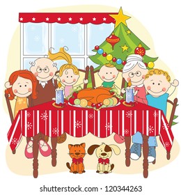 Christmas dinner. Big happy family together. Hand drawing illustration.