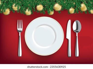 Christmas Dinner Branches Golden Baubles Green Banner