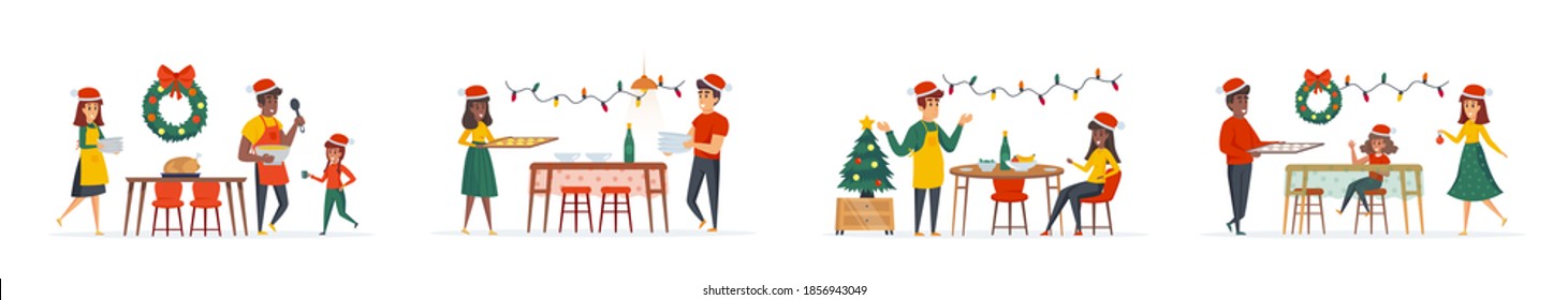Christmas dinner bundle of scenes with people characters. People celebrating Christmas or New Year and having traditional festive dinner situations. Xmas winter holidays cartoon vector illustration.