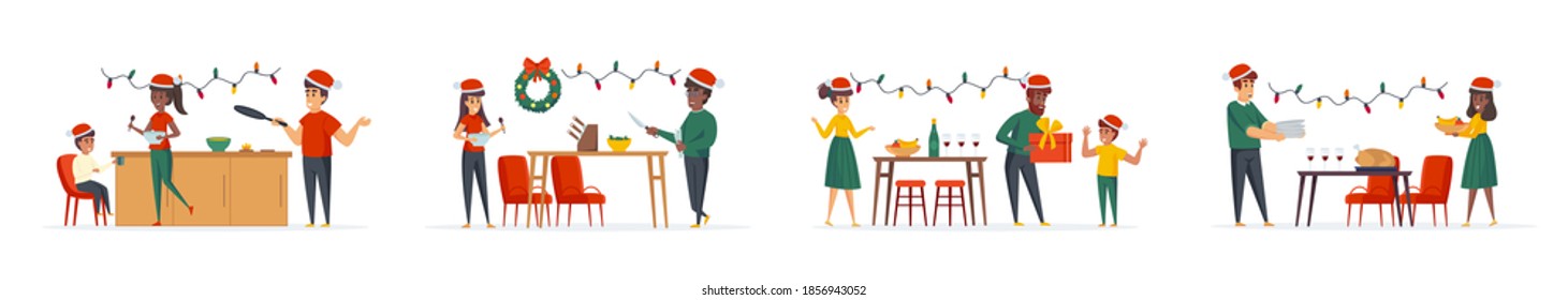 Christmas dinner bundle of scenes with people characters. People celebrating Christmas or New Year and having traditional festive dinner situations. Xmas winter holidays cartoon vector illustration.