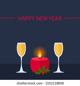 Christmas dinner. Candles for a festive, romantic, Christmas dinner. Candles in the style of flat. Champagne glasses in flat style. Vector.