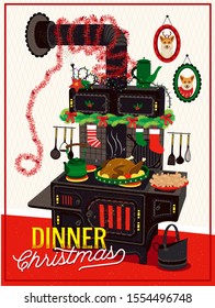 Christmas Dinner Card. Victorian Decorated Cast Iron Stove. Vector Illustration.