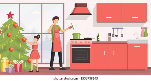 Christmas dinner cooking flat vector illustration. Young man in apron and cheerful little girl cartoon characters. Father trying soup, happy daughter decorating xmas tree, family preparing for holiday