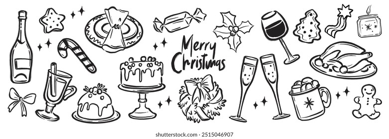 Conjunto de Vector de doodle de cena de Navidad, colección de icono de menú dibujado a mano de vacaciones, champán, pastel, pavo. Bebidas festivas de la noche del año Nuevo, Elementos de diseño de línea, pan de jengibre. Boceto de comida de cena de Navidad