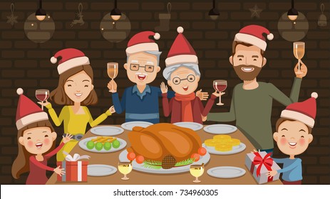 Christmas dinner. Family toasting with red wine in Christmas dinner at home in the living room.Father, mother, grandfather, grandmother, son, daughter, are celebrating together. vector illustration.