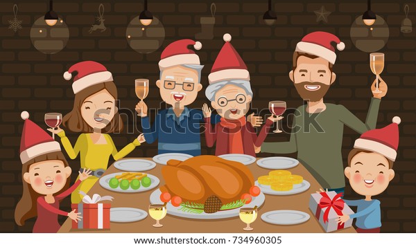 クリスマスディナー 家族は クリスマスのリビングの家で 赤ワインを添えて食事をする 父 母 祖父 祖父 祖母 息子 娘は一緒に祝う ベクターイラスト のベクター画像素材 ロイヤリティフリー