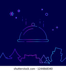 Christmas Dinner, Festive Table Vector Line Icon. New Year Celebrations Gradient Symbol, Pictogram, Sign. Dark Blue Background. Light Abstract Geometric Background. Related Bottom Border