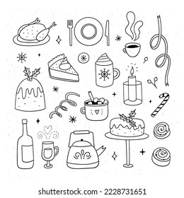 Christmas dinner food doodle set. Vector Christmas clipart. Cute winter holidays illustrations