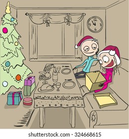 Christmas dinner. Girl unpacks gift. Couple in love at home. Romantic evening. Cartoon illustration