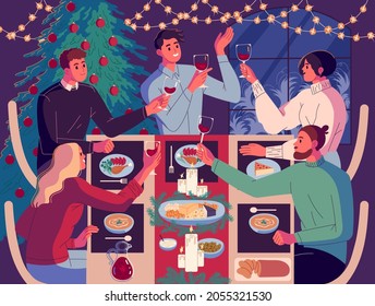 Christmas dinner, a group of people at the table celebrating the new year